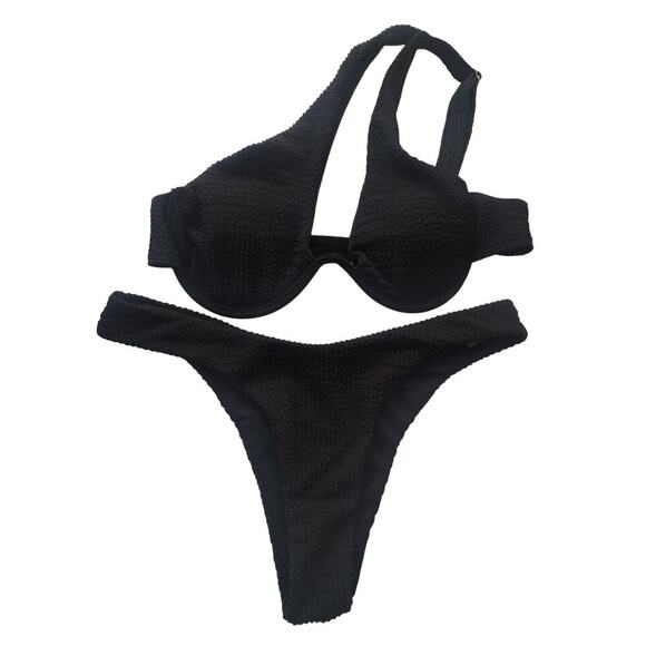 Women's Black Textured Bikini Swimsuit Size L - Picture 1 of 4
